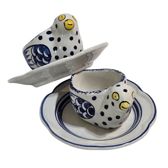 Set of 2 Tiffany & Co. Portugal Egg Cup Blue Polka Dot Chicken Hen hand painted - Picture 1 of 7